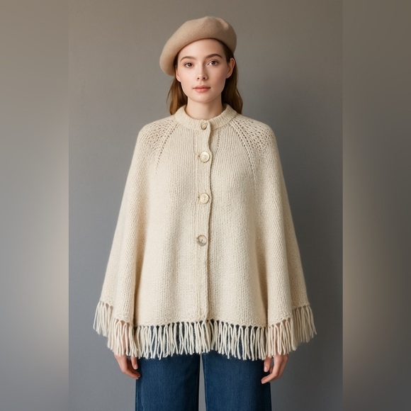handmade crochet cape, button up fringe poncho cape White Small Medium Large XL - Picture 1 of 7